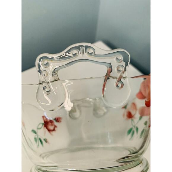 Hand Painted Red Rose Clear Glass Bowl Basket w/ Handles Flower Design - Picture 7 of 10